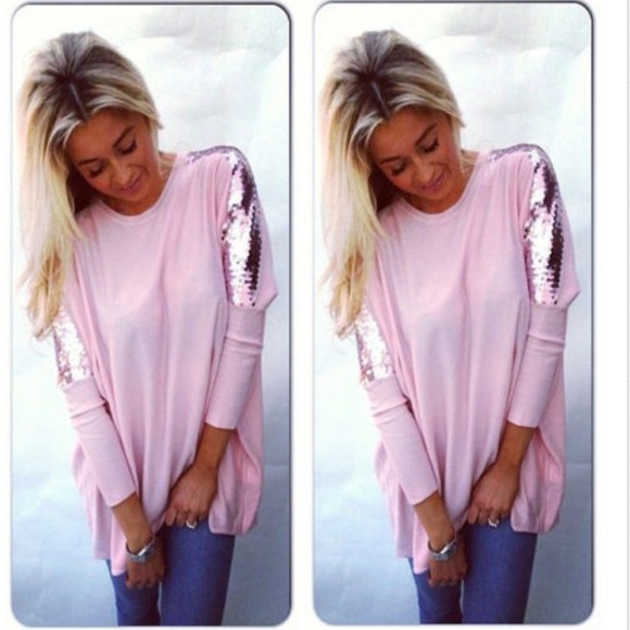 Boutique Tops - 🔴firm🔴 Pink Sequin Shoulder Tunic Top
